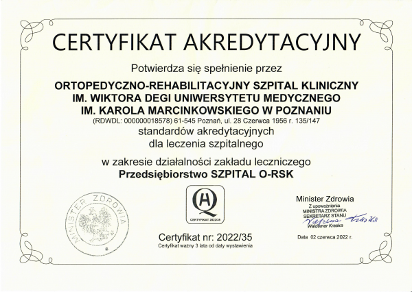 certyfikat akredytacyjny Szpitala z 2022