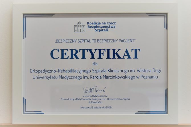 Certyfikat „Bezpieczny szpital to bezpieczny pacjent”