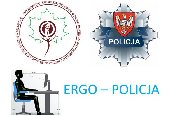 logotyp Szpitala i Policji oraz logotyp realizowanego projektu pn. Identyfikacja czynników ryzyka zw. z pracą na stanowisku komputerowym i wdrożenie programu naprawczego wśród pracowników cywilnych i mundurowych Policji w województwie wielkopolskim