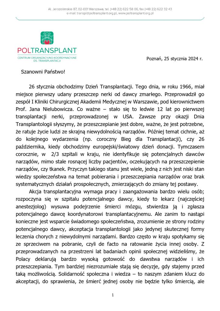 pismo dotyczące Dnia transplantacji