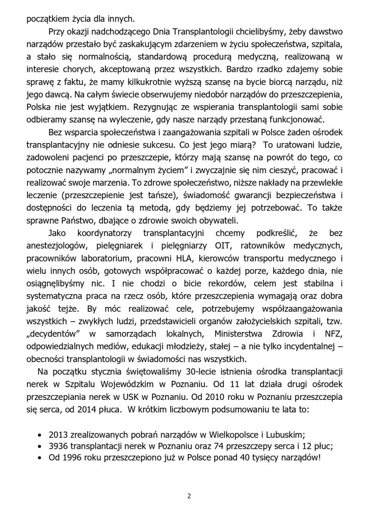 pismo dotyczące Dnia transplantacji