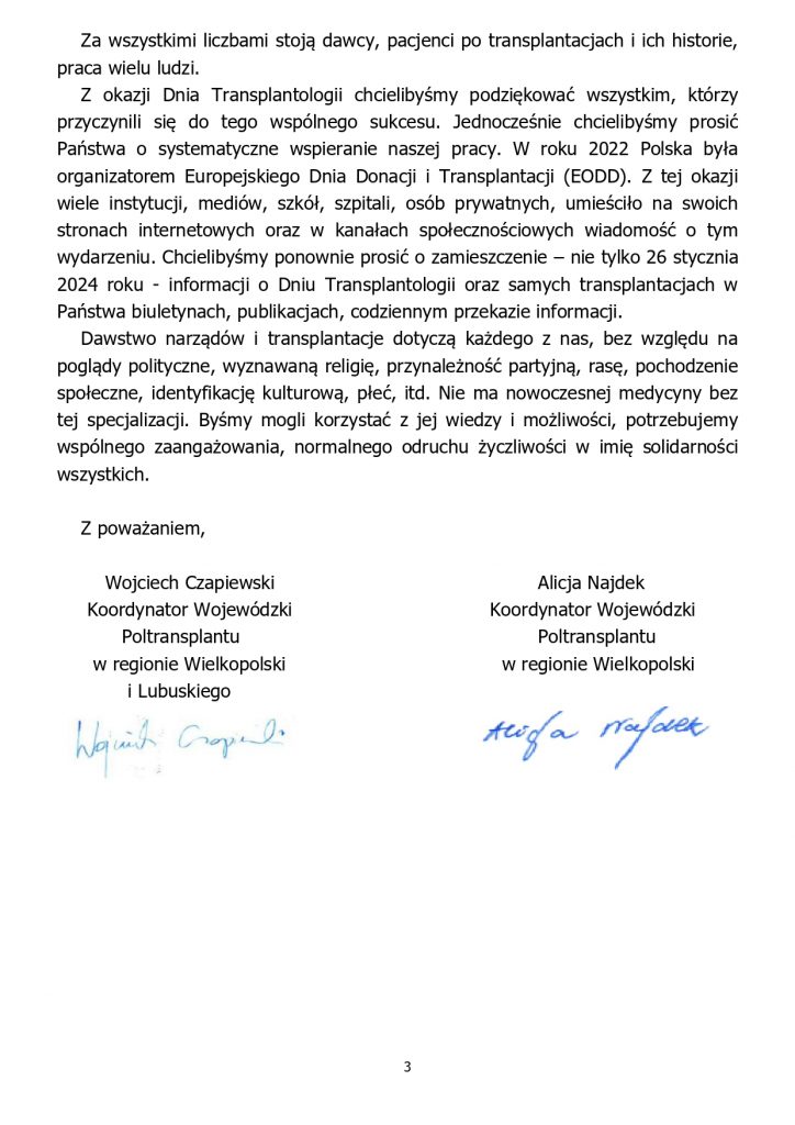 pismo dotyczące Dnia transplantacji